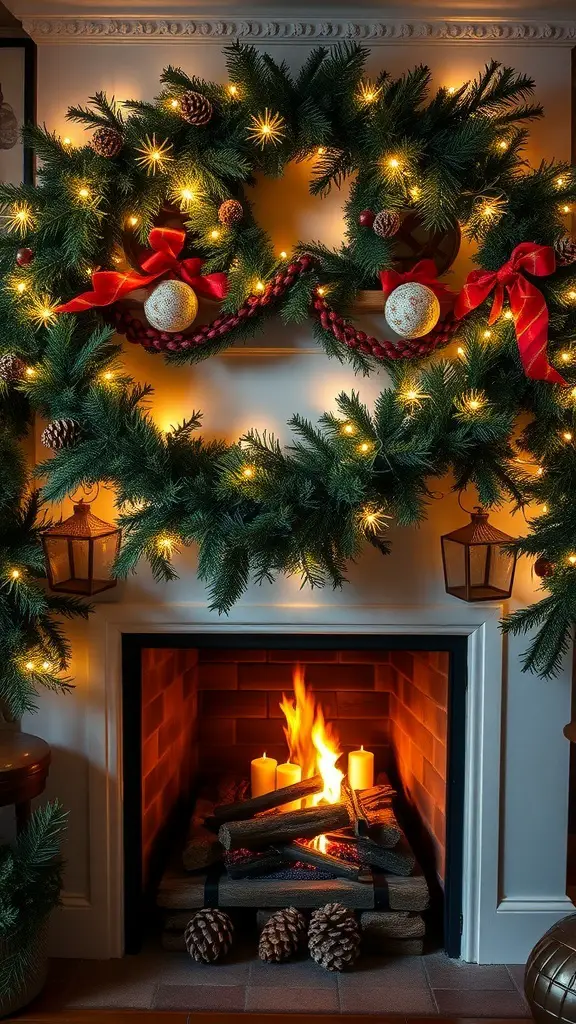 A beautifully decorated fireplace with a garland featuring twinkling lights, red ribbons, and pinecones.