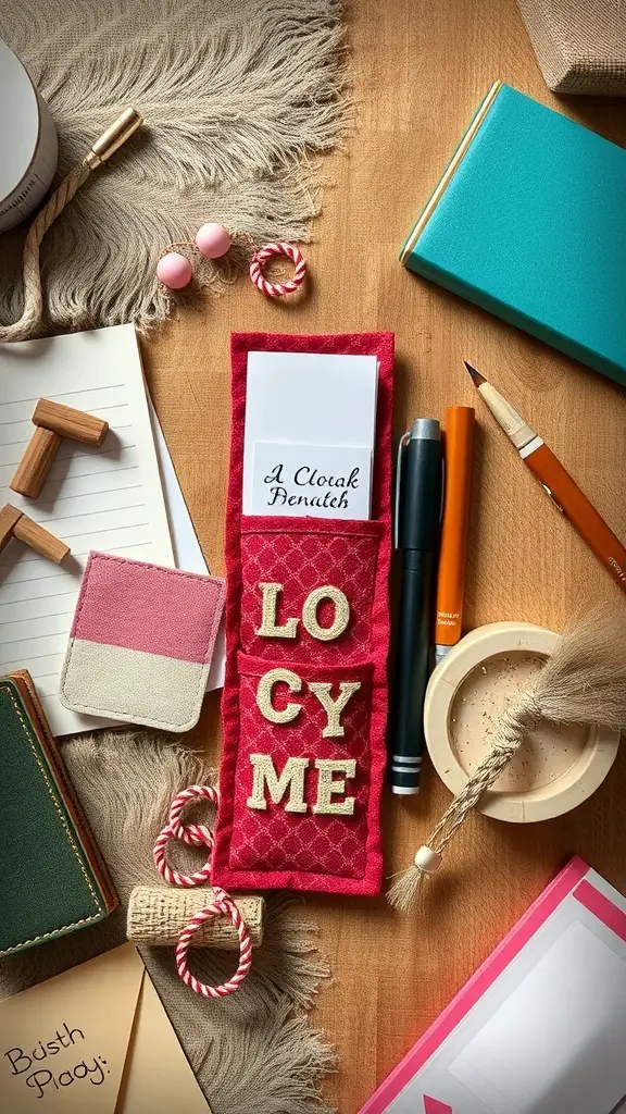 27+ Creative Fabric Bookmark Ideas to Elevate Your Reading Experience 15 A red fabric bookmark with pockets, surrounded by stationery items.