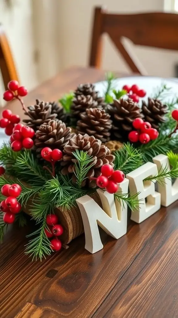 A rustic centerpiece featuring pinecones, red berries, and greenery on a wooden table.