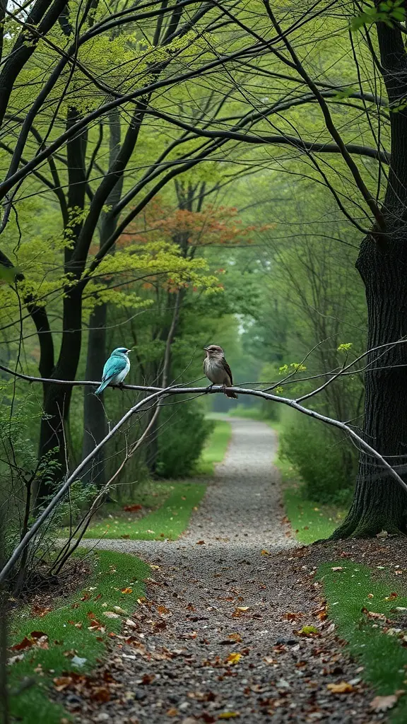 A tranquil woodland path with two colorful birds perched on a branch.