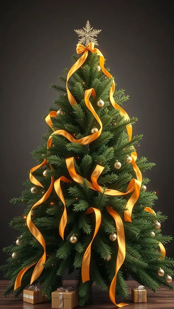 A beautifully decorated Christmas tree with gold ribbon accents and ornaments.