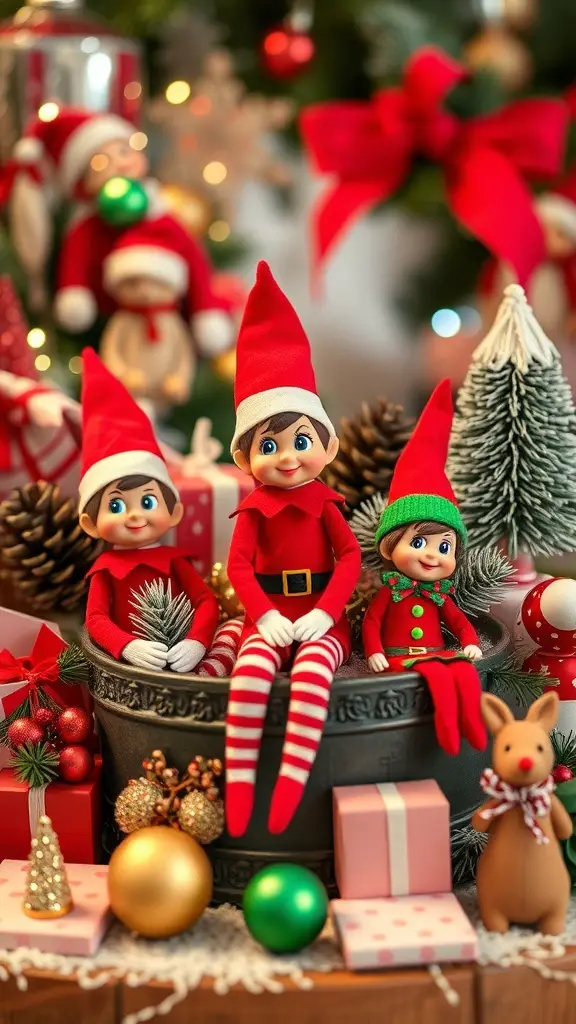 Whimsical elf-themed wedding centerpieces with dolls and festive decorations.