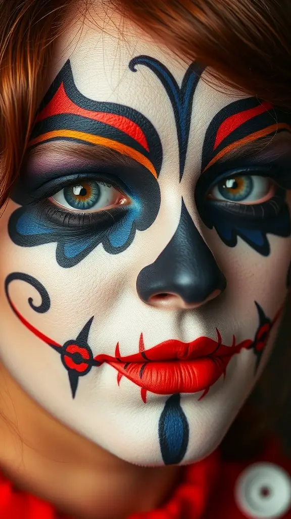 A close-up of a face with colorful Halloween makeup featuring bold patterns and vibrant colors.