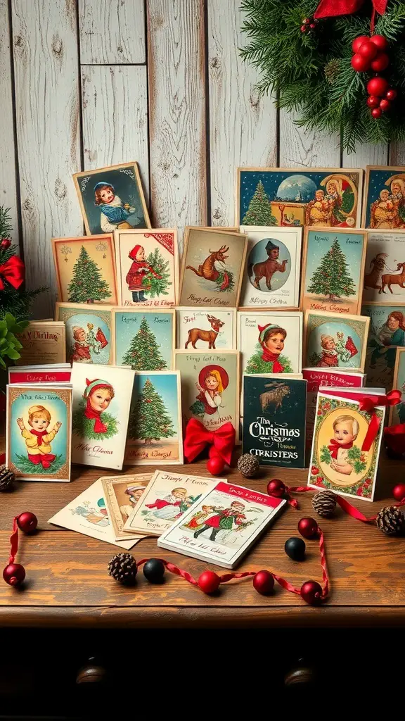 A collection of antique Christmas cards featuring vintage illustrations and festive designs.