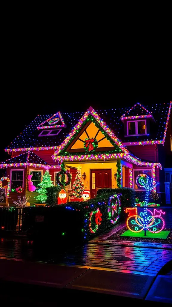 A brightly decorated house with colorful Christmas lights and festive decorations.