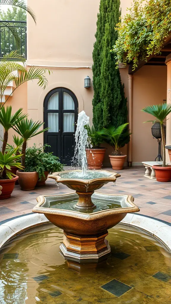 25+ Stunning Mediterranean Terrace Ideas for Your Home 10 A tiered fountain surrounded by greenery and terracotta pots on a Mediterranean terrace.