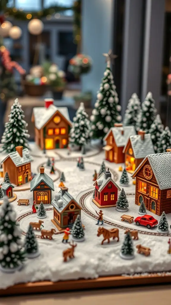 A cozy Christmas village display with miniature houses, trees, and figurines.