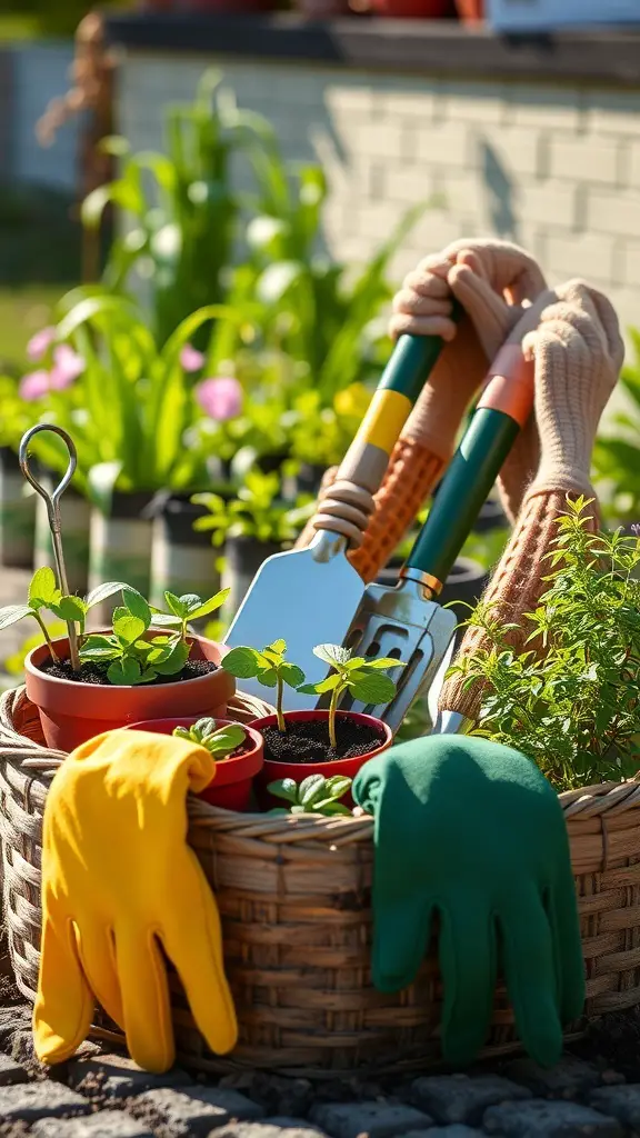 A gardening kit with tools, gloves, and small potted plants in a basket.