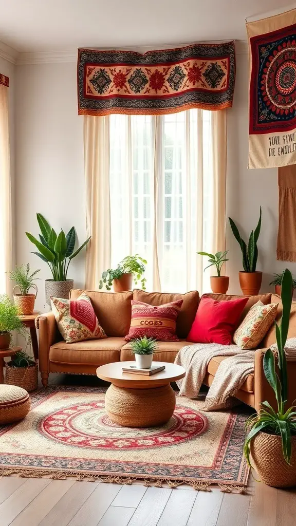A cozy living room with a brown couch, colorful pillows, plants, and tapestries, reflecting hippie-inspired decor.