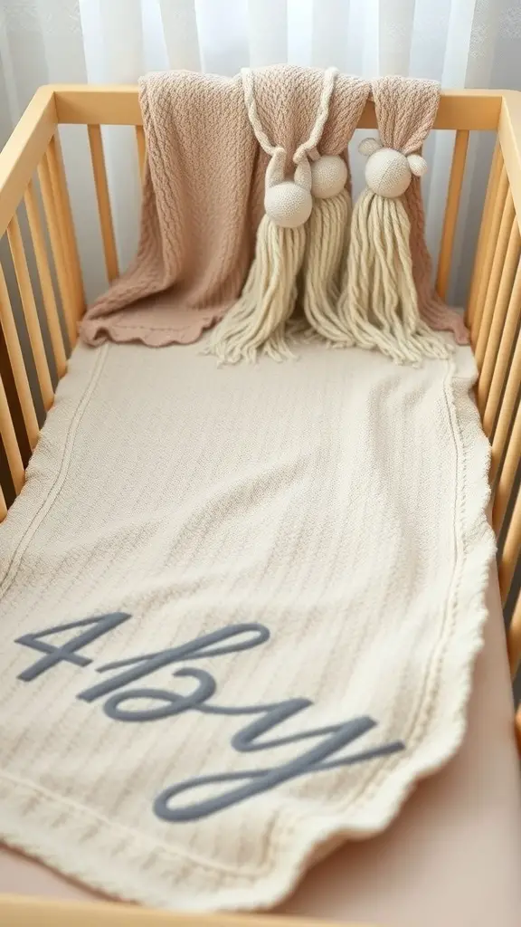 A personalized baby blanket with the word 'Baby' on it, displayed in a crib with a soft, textured design.
