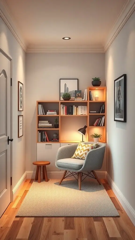 27+ Creative Small Rectangular Bedroom Ideas to Maximize Space 7 Cozy reading nook with a chair, side table, and bookshelves in a small bedroom