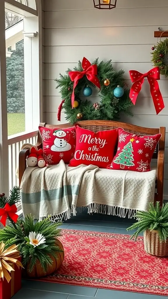 Cozy porch seating decorated with festive pillows and a wreath