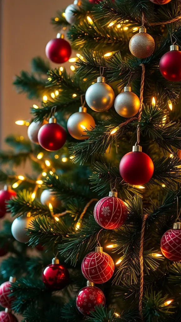A close-up view of a Christmas tree with red and silver ornaments and warm fairy lights.