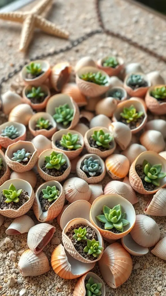 A collection of small succulents planted in seashells, arranged on a sandy surface with a starfish.