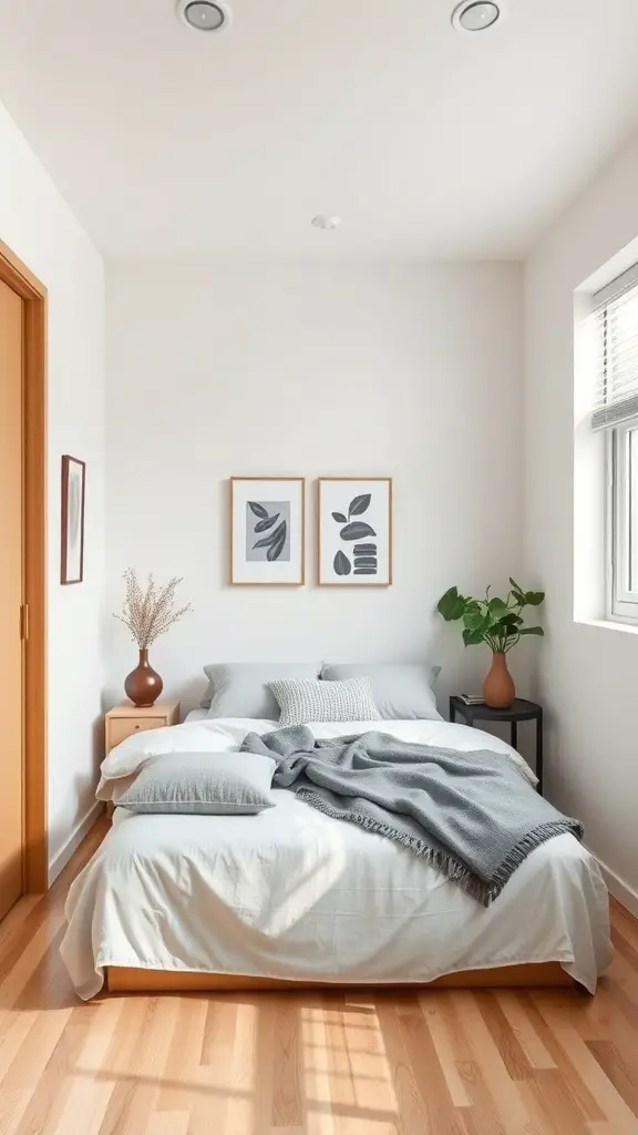 27+ Creative Small Rectangular Bedroom Ideas to Maximize Space 12 A small minimalist bedroom with a bed, decorative pillows, framed art, and a plant.