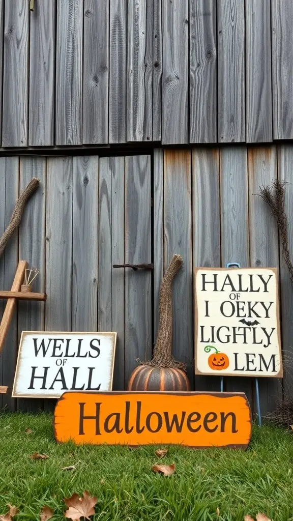 Wooden Halloween signs displayed against a rustic wooden backdrop