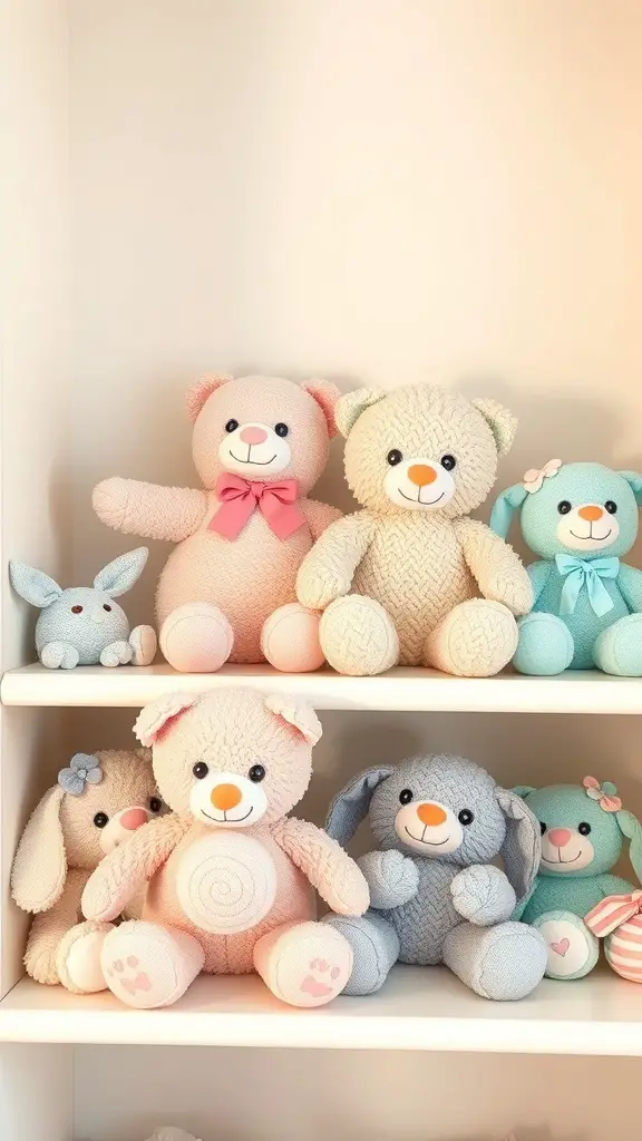 A collection of soft plush toys including teddy bears and bunnies on a shelf.