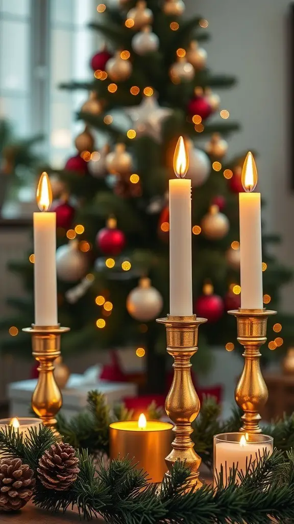 Gold candle holders with white candles surrounded by pinecones and a Christmas tree in the background
