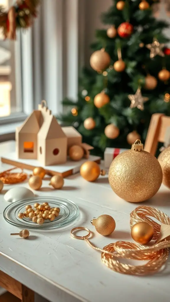 A collection of gold and brown ornaments on a table, with a Christmas tree in the background.