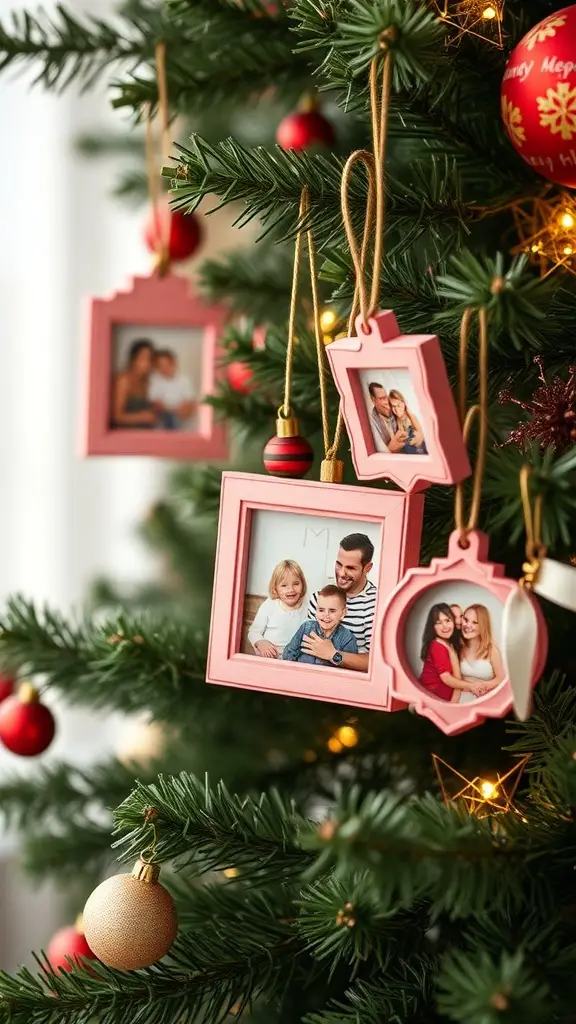 A pink and champagne themed Christmas tree decorated with photo ornaments showcasing family memories.