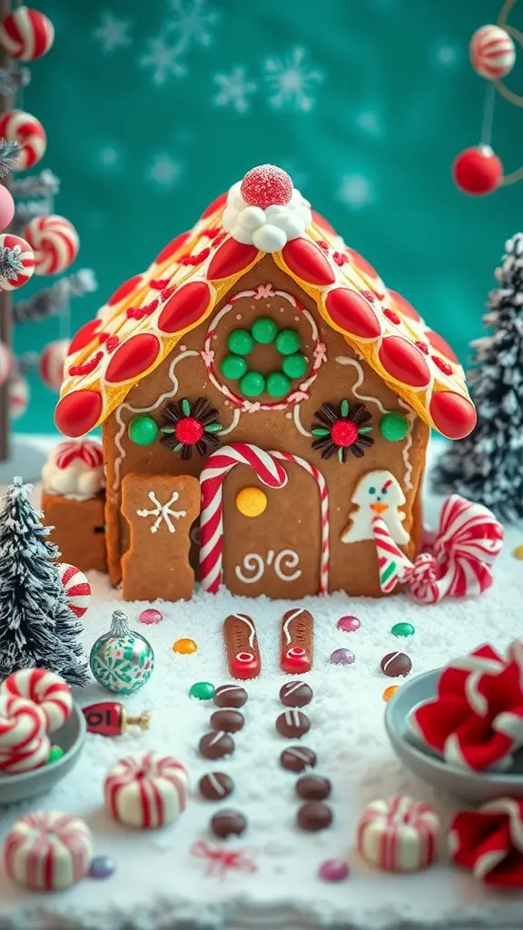 A colorful gingerbread house decorated with candies and surrounded by festive treats.