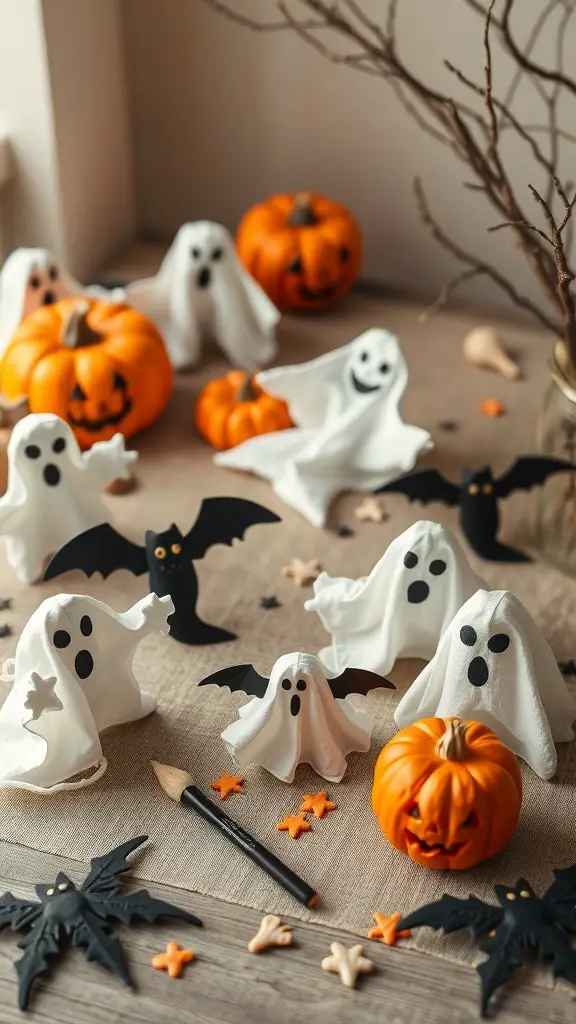 A collection of DIY Halloween decorations featuring ghost figures, mini pumpkins, and bats.