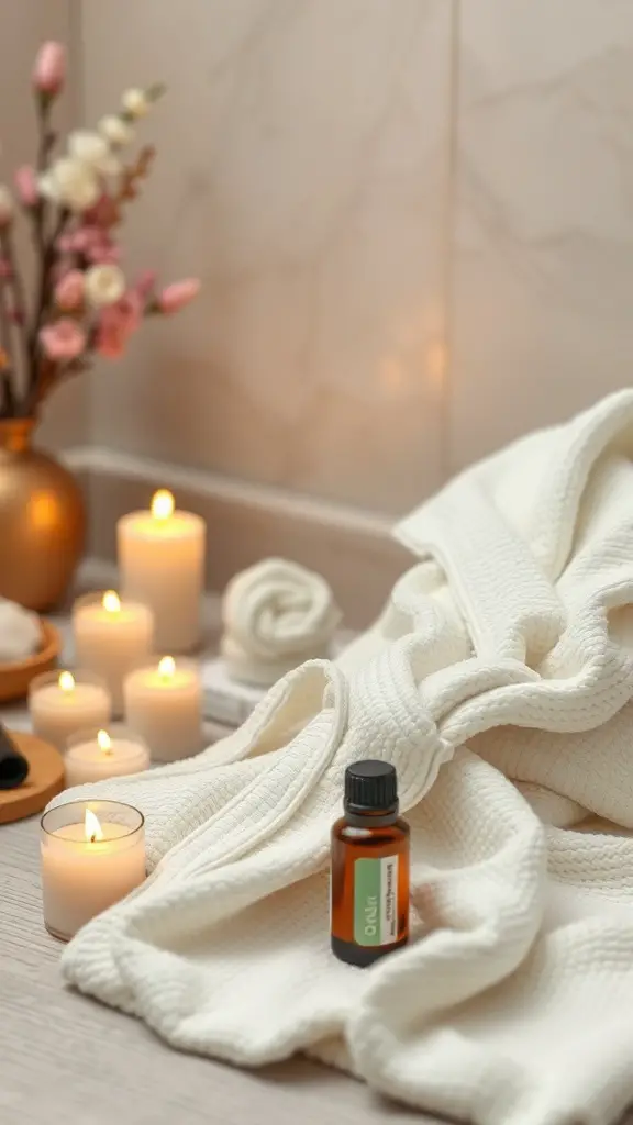 25+ Thoughtful Anniversary Gifts for Her 6 A cozy spa setup with candles, a robe, and essential oils.