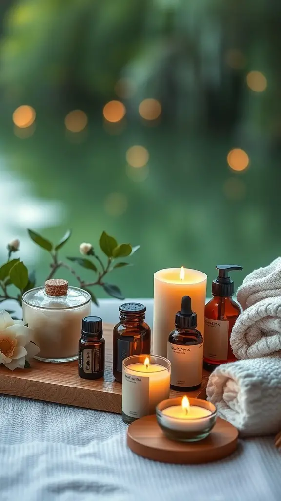 A serene spa setup with candles, essential oils, and soft towels.