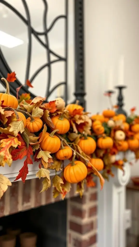 A festive pumpkin garland with small pumpkins and autumn leaves displayed on a mantel.