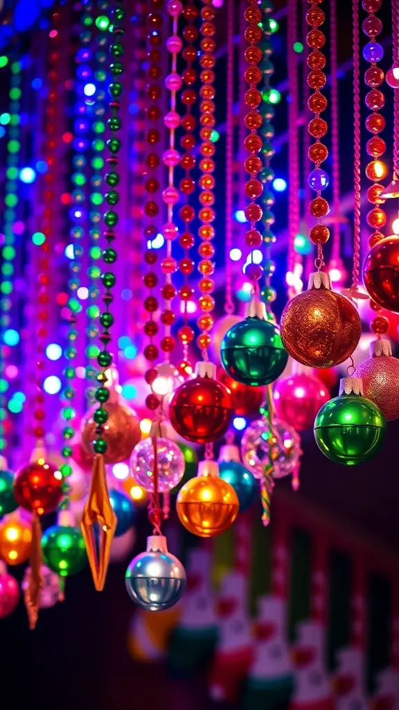 Colorful beaded ornaments in various shapes and colors hanging together