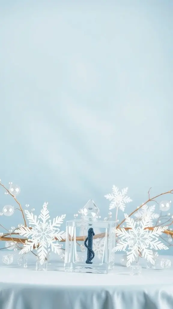 A crystal centerpiece surrounded by snowflake decorations on a light blue background.