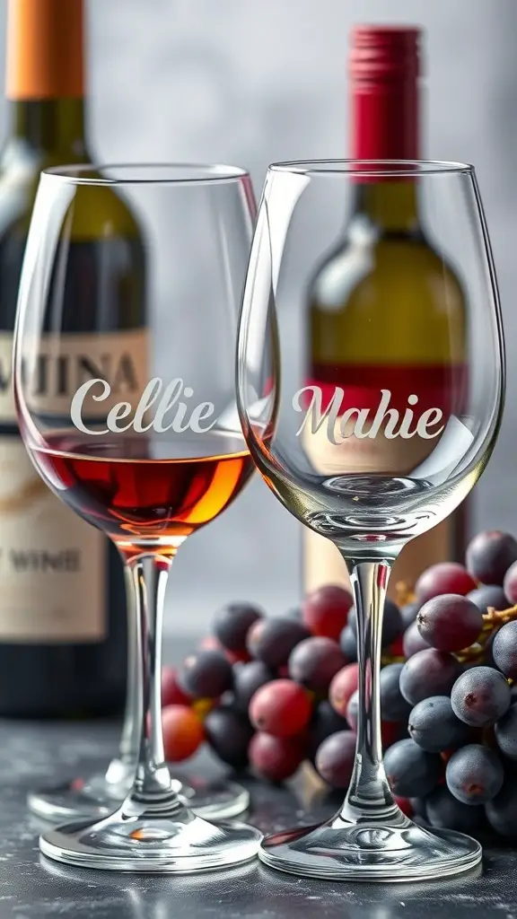 15 Unique Bridesmaid Gift Ideas to Show Your Appreciation 9 Two personalized wine glasses with names 'Cellie' and 'Mahie', surrounded by grapes and wine bottles.