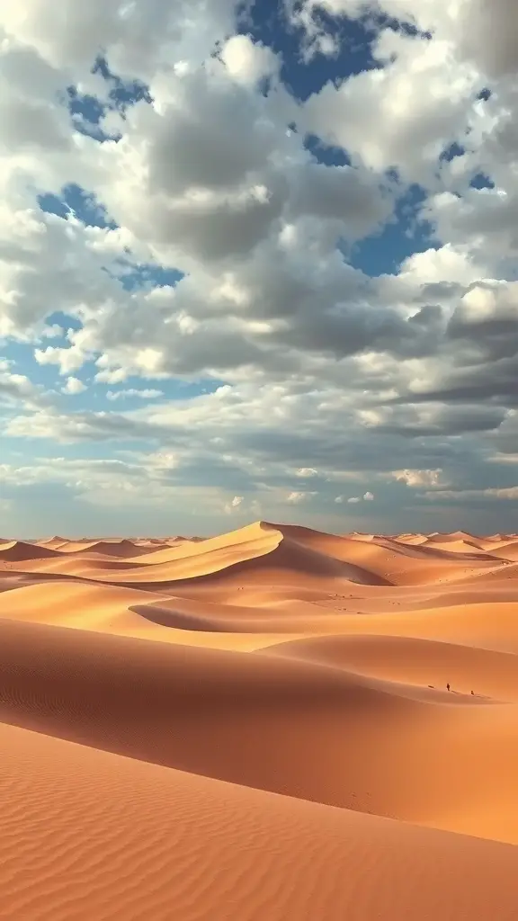 29+ Stunning Landscape Paintings You Need to See 4 A vast desert landscape with rolling sand dunes under a cloudy sky.