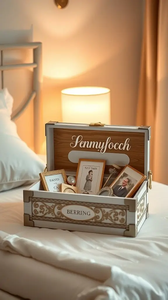27 Thoughtful Engagement Gifts Your Friends Will Love 14 A personalized keepsake box filled with framed photos and mementos, placed on a bed.