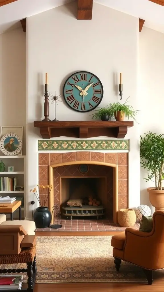 29+ Inspiring Spanish Revival Home Designs You’ll Love 15 A cozy living room featuring a beautifully designed fireplace with a wooden mantel, decorative tiles, and a clock above it.