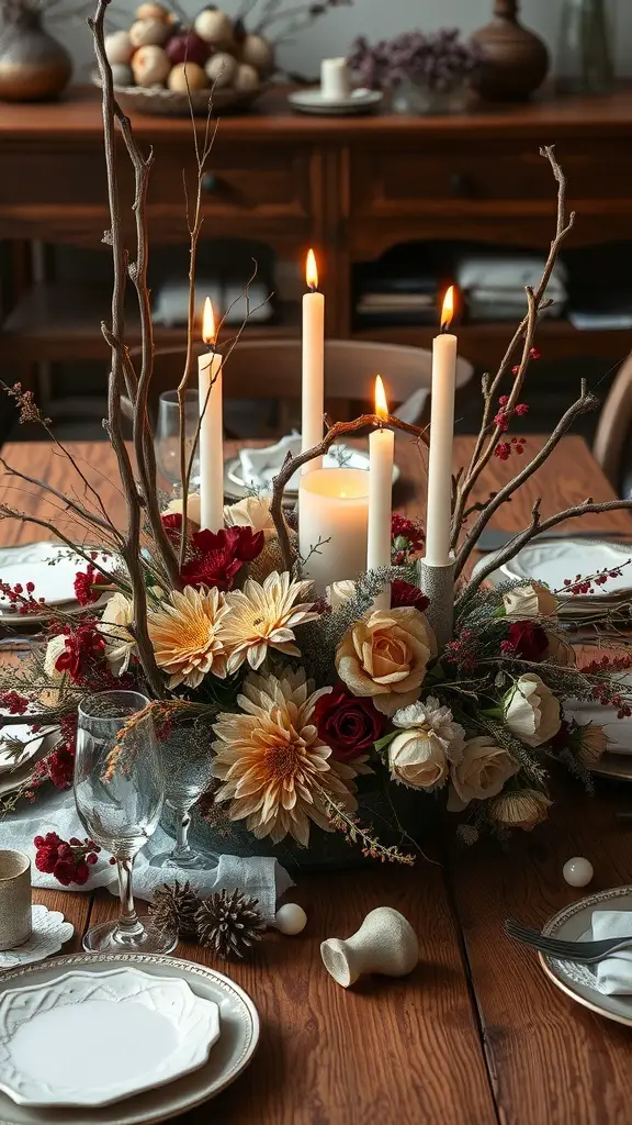 A boho-style Halloween centerpiece featuring candles, flowers, and twigs on a wooden table.