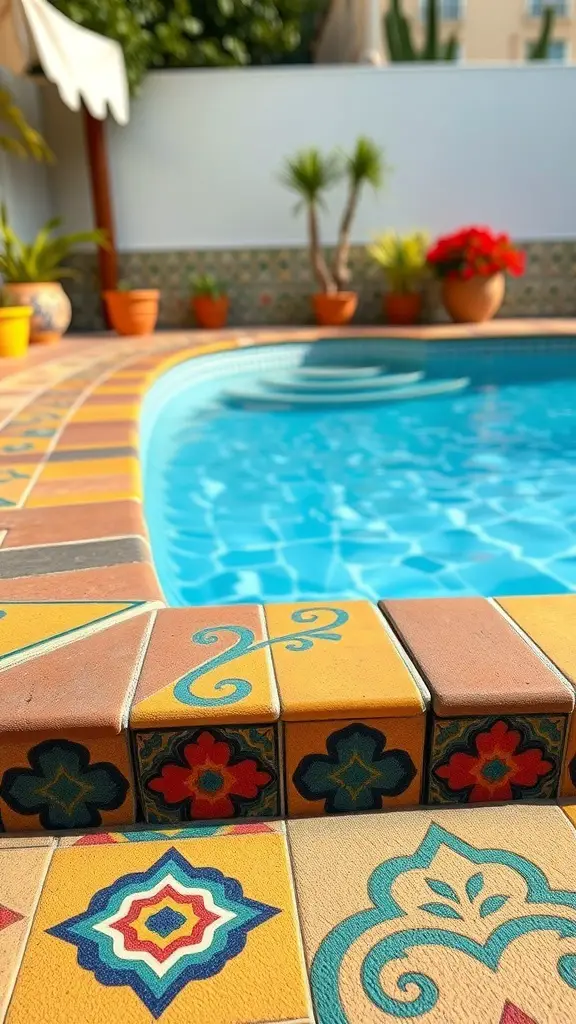 23+ Stunning Spanish Style Pool Designs to Inspire Your Backyard Oasis 9 Colorful tiles around a Spanish style pool with plants and flowers