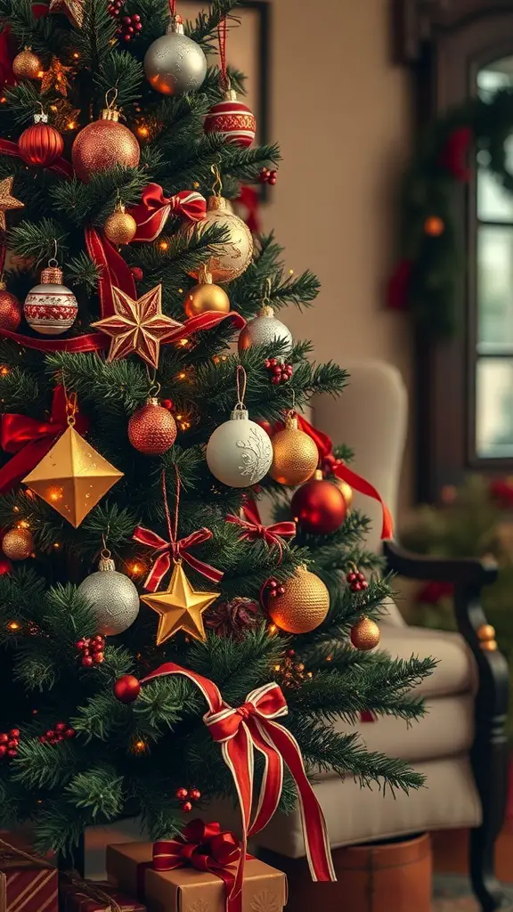 A beautifully decorated traditional Christmas tree with red and gold ornaments, ribbons, and warm lights.