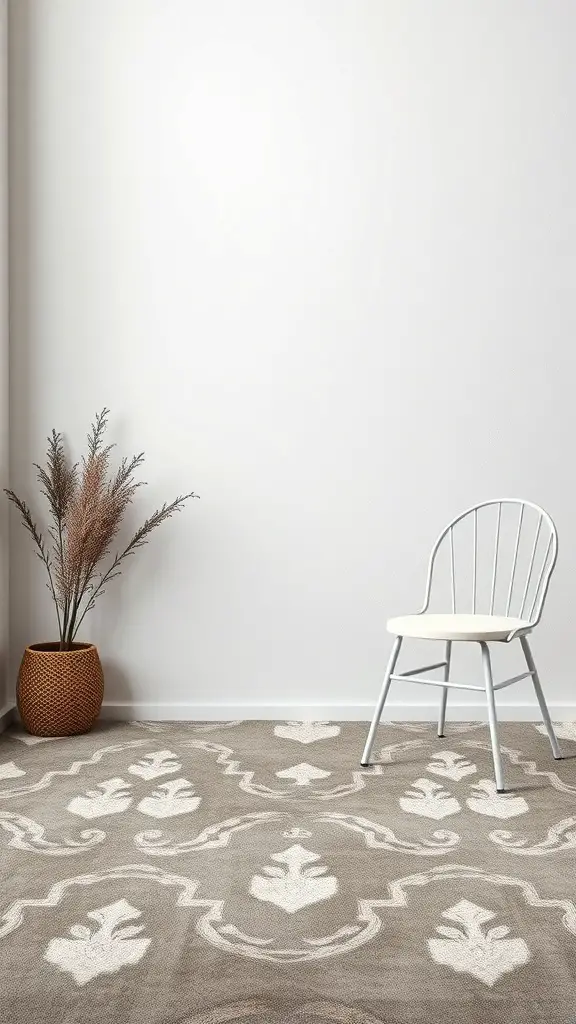 31+ Stunning Tufted Rug Designs You’ll Love 3 A tufted rug with a beige background and white patterns, accompanied by a chair and a plant in a modern setting.
