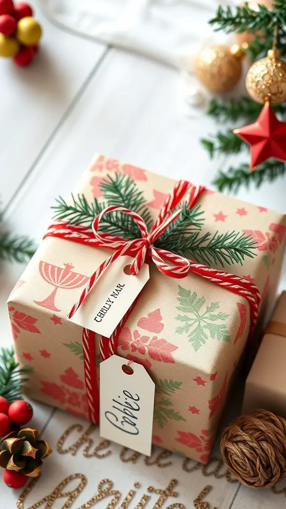 A beautifully wrapped Christmas gift with festive designs and a personalized tag.