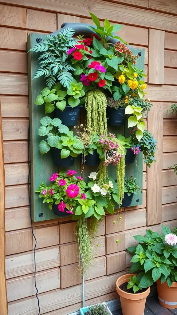 A vibrant vertical garden with various colorful flowers mounted on a wooden wall.