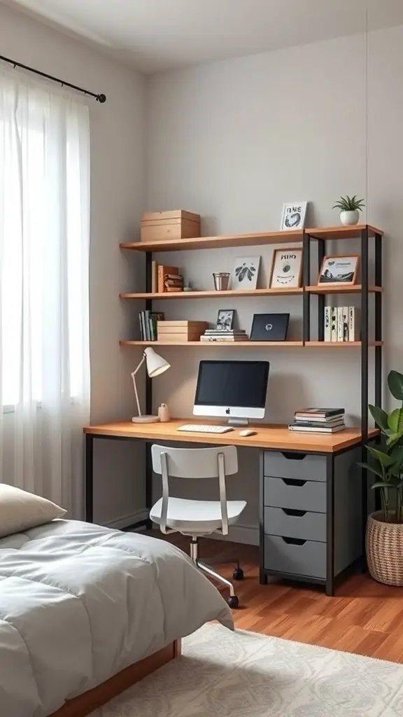 27+ Creative Tiny Bedroom Ideas for Maximum Style and Functionality 14 A cozy bedroom corner featuring a desk with shelves above, a computer, and a chair, creating an efficient workspace.