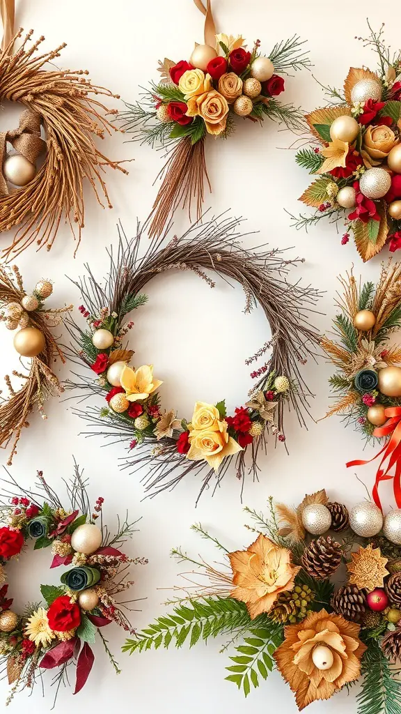 A collection of artistic Christmas wreaths featuring various designs and colors.