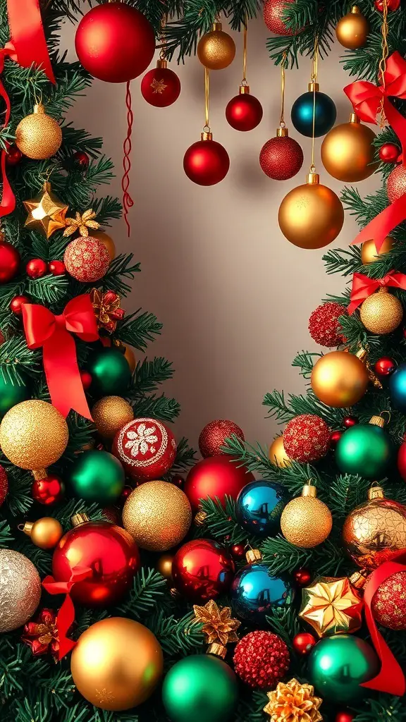 A vibrant display of Christmas ornaments in red, green, gold, and blue, surrounded by lush greenery.