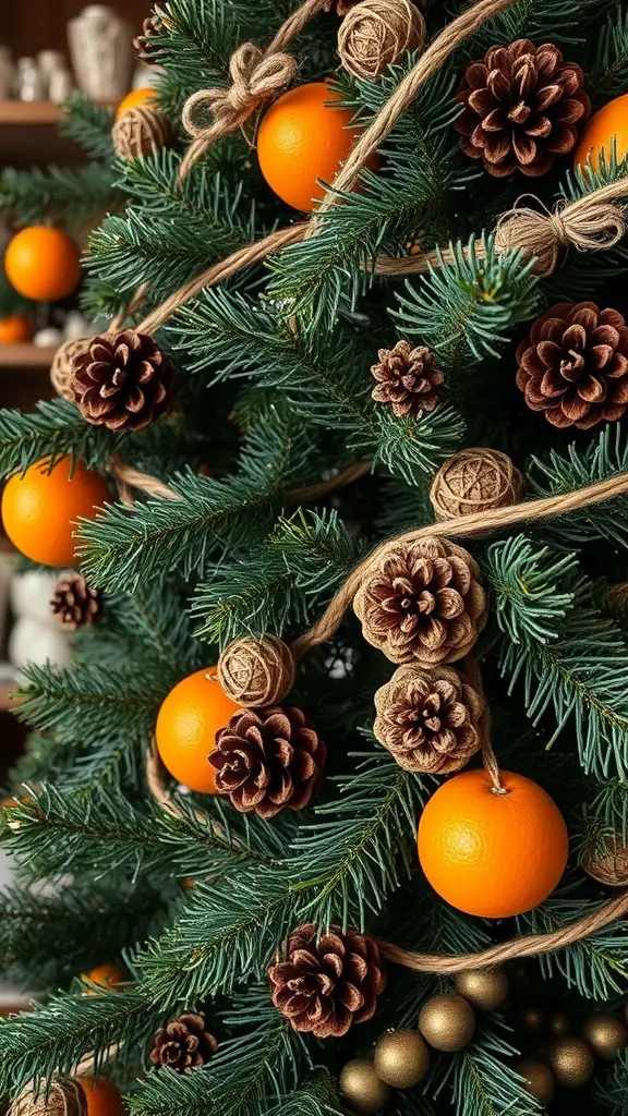 A Christmas tree decorated with oranges, pinecones, and twine, showcasing natural elements.
