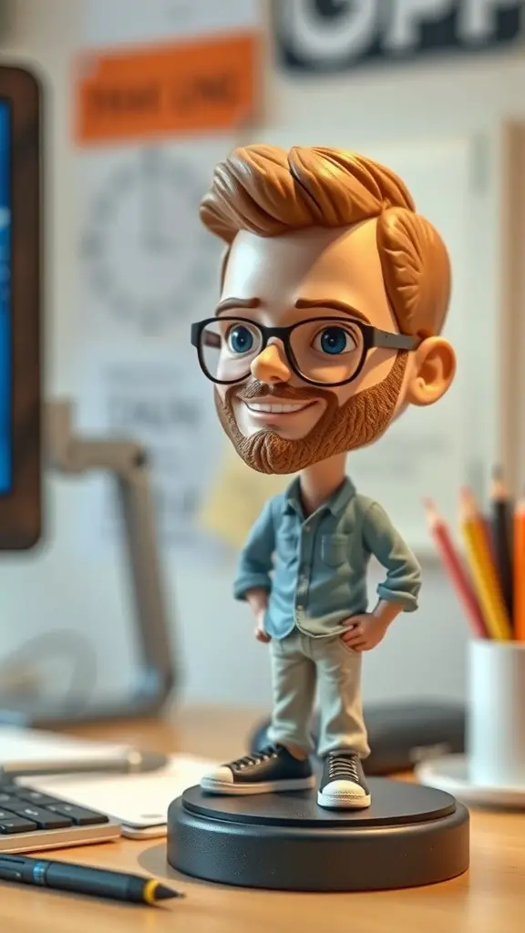 A custom bobblehead figure of a man with glasses and a beard, standing on a desk.