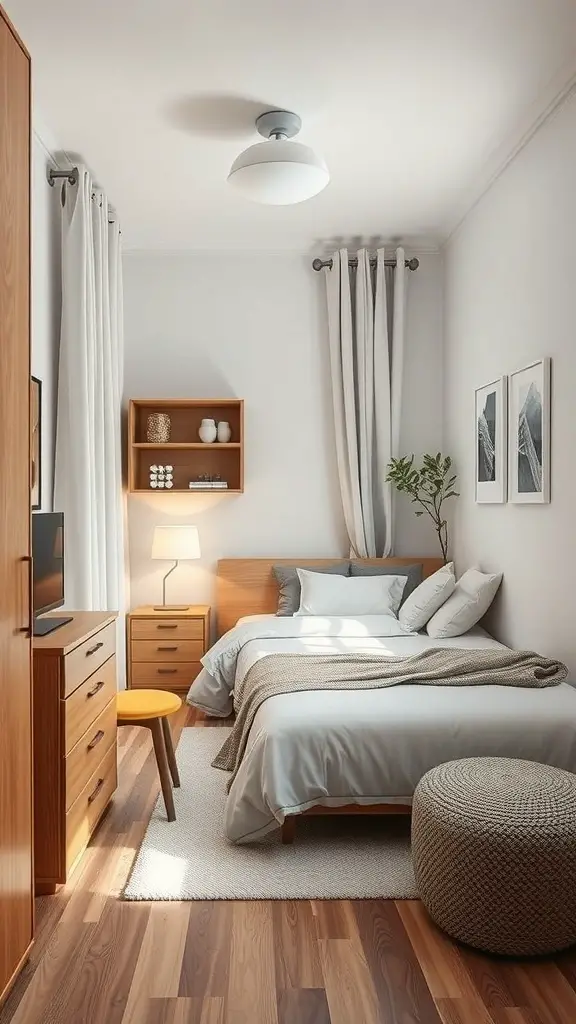 A small bedroom with a bed, nightstand, dresser, and decorative elements, showcasing strategic furniture placement.