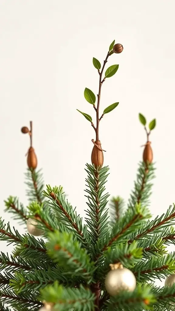 DIY green and brown Christmas tree topper ideas featuring natural elements like twigs, leaves, and pinecones.