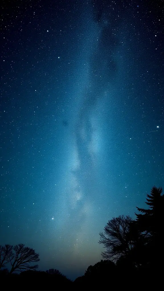 A beautiful starry night sky with twinkling stars and silhouettes of trees.