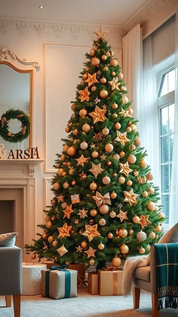 A beautifully decorated green and gold Christmas tree in a cozy living room setting.
